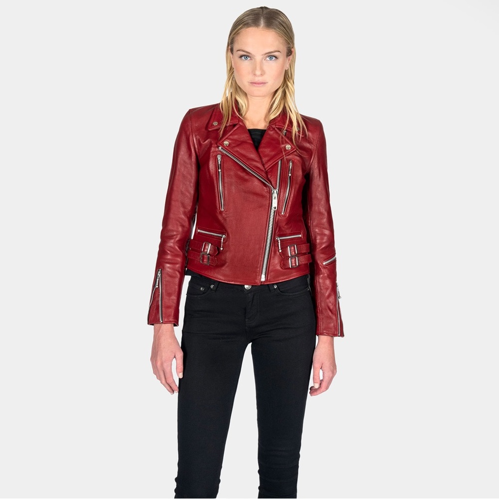 Maroon Leather Moto Jacket L - fits like M
